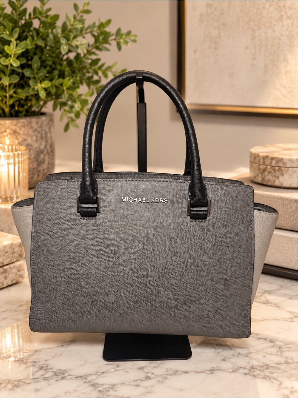 Michael Kors Gray & Black Saffiano Leather Medium Satchel